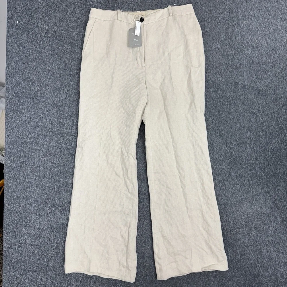 H&M White Linen Wide-Leg Women's Dress Pants, Size 14, Zipper, Flat Front